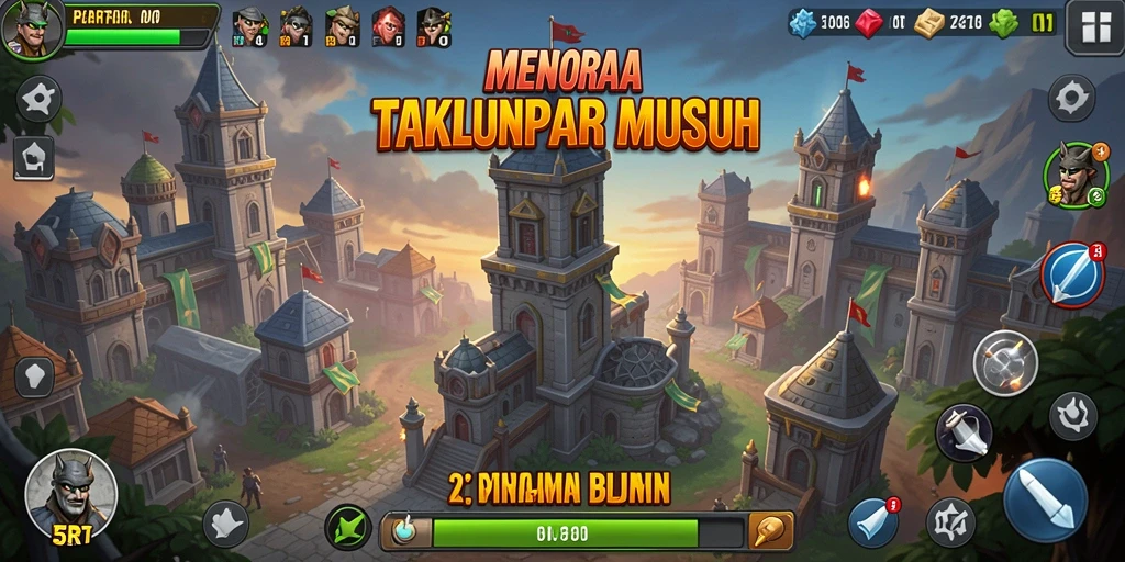 Tangkapan layar gameplay 5RT menunjukkan serangan menara melawan gelombang musuh.