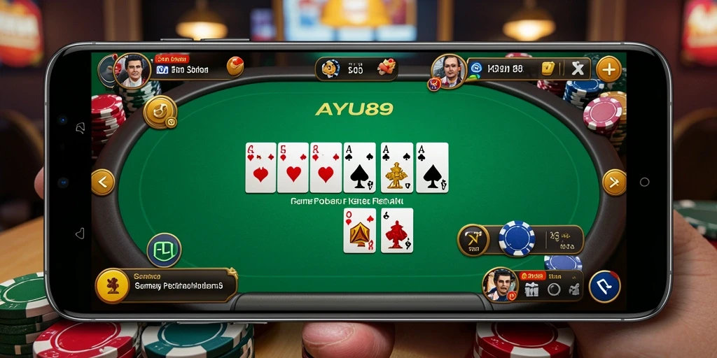 Tampilan seru gameplay AYU89 dengan teman-teman di meja poker.
