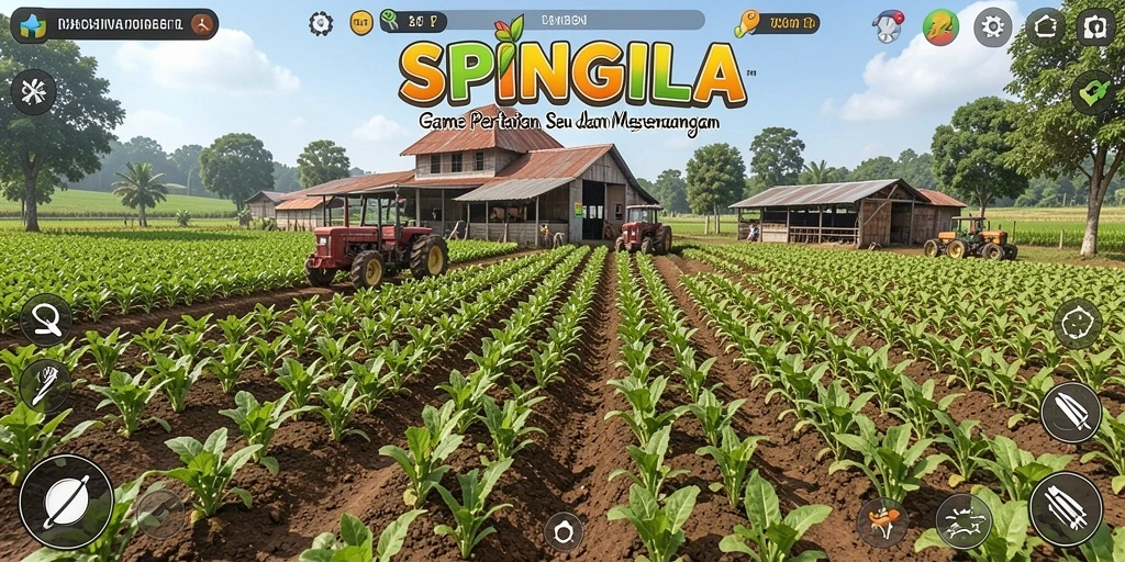 Tampilan gameplay SPINGILA yang menarik dengan ladang yang subur.