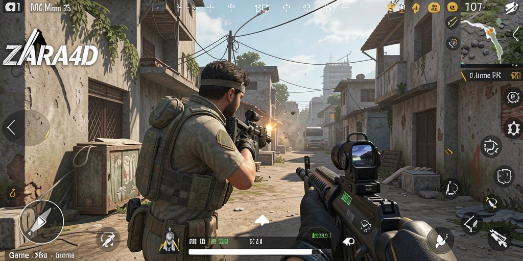 Screenshot gameplay ZARA4D menampilkan aksi seru di medan perang FPS.